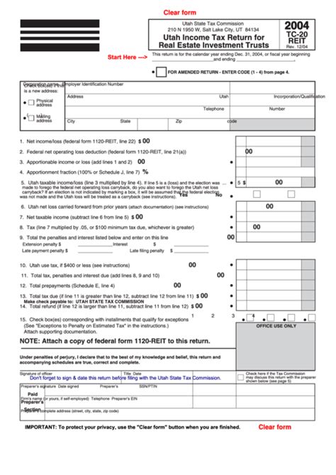 Fillable Form Tc20 Reit Utah Tax Return For Real Estate