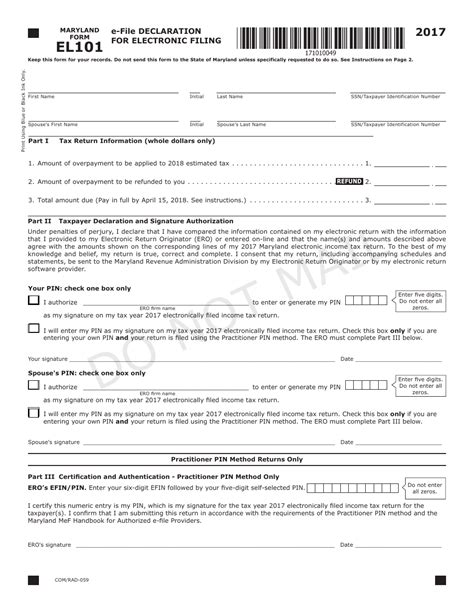 Fillable Maryland Form El101 EFile Declaration For Electronic Filing
