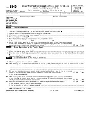 Fillable Online 2003 Form 8840. Closer Connection Exception Statement