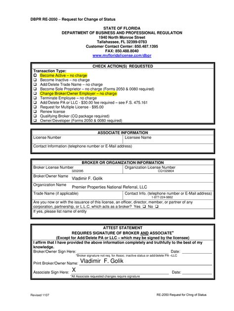 Fillable Online DBPR RE2050 Request for Change of Status Fax Email