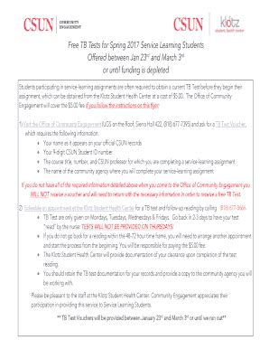 Fillable Online Free TB Tests for Spring 2017 Service Learning Students