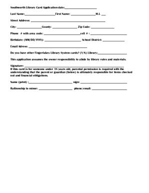 Fillable Online Library Card Application Form Southworth Library