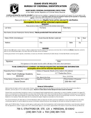 Fillable Online Namebased Criminal Background Check Form Idaho State
