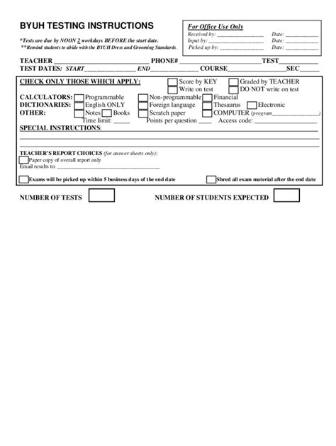 Fillable Online PDF BYUH Testing Instructions Form Fax Email Print