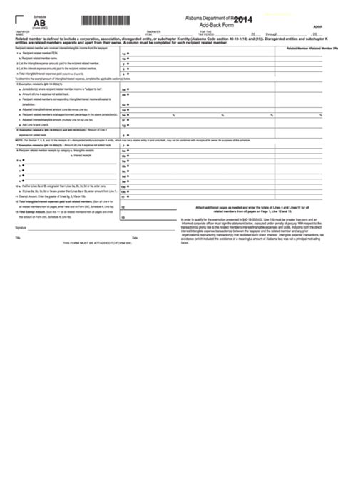 Fillable Schedule Ab (Form 20c) Alabama AddBack Form 2014