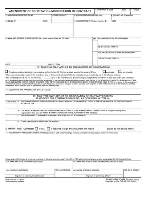 Fillable Standard Form 30 Amendment Of Solicitation/modification Of