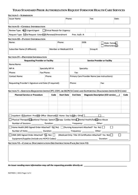 Fillable Texas Standard Prior Authorization Request Form For Health