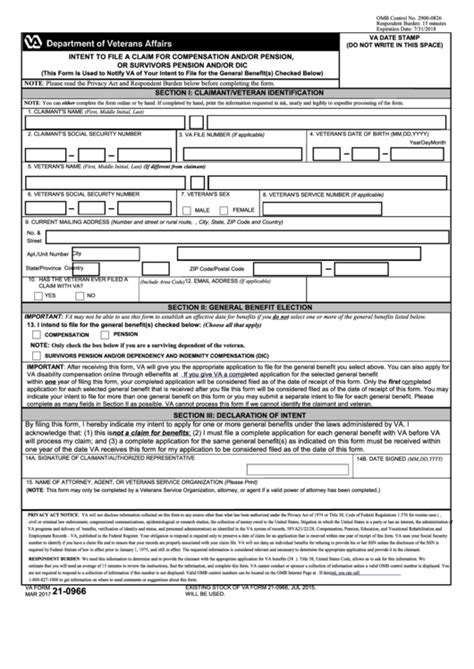 Fillable Va Form 210966 Intent To File A Claim For Compensation And
