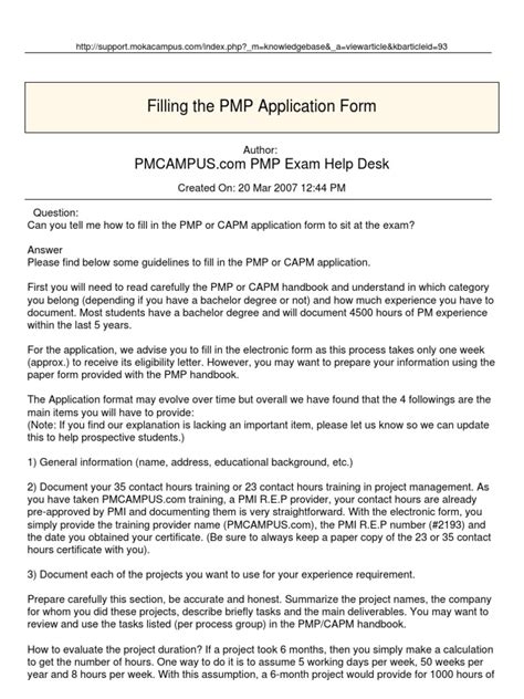 Filling the PMP Application Form Test (Assessment) Project Management