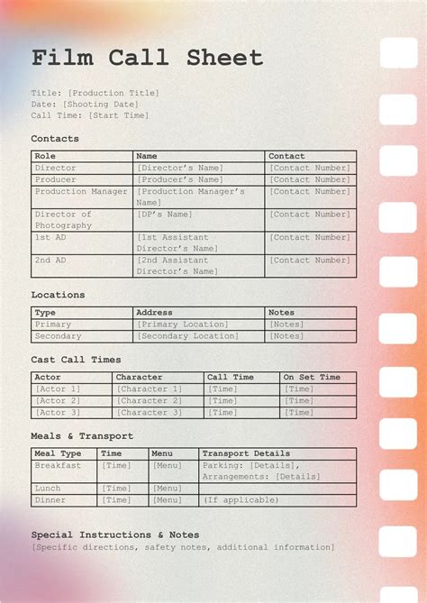 Film Call Sheet Template Google Docs Addictionary