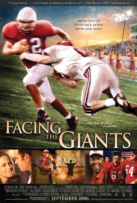 Film facing the giants. Facing the Giants adalah sebuah film drama Kristen dari Amerika Serikat tahun 2006. Alex Kendrick adalah sutradara dan sekaligus pemeran utama. Pemeran pendukung meliputi para sukarelawan dari Sherwood Baptist Church, dan film ini adalah film kedua yang diproduksi oleh Sherwood Pictures. Syuting film dilakukan di Albany, Georgia. Film ini … 