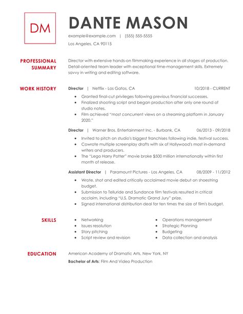 Film resume. When designing your filmmaker resume, it’s important to choose a font that’s easy to read and professional. Avoid overly decorative or quirky fonts, and stick to classic options like Arial or Times New Roman. Use a font size between 10 and 12, and aim for consistent line spacing of 1.15 or 1.5. 