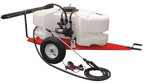 Boomless sprayer has a 25 gal. capacity for convenience. Provides 100 in. of spray coverage. Backed by a 1-year limited warranty for assurance. Trailer sprayer is made in the U.S.A. 2.2 GPM, 12V pump for powerful use. Delivers 0-60 PSI of pressure for convenience. Handgun has a pistol grip, 15 ft. EPDM hose.. 