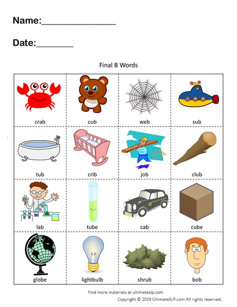 Final B Words Worksheet Ultimate SLP
