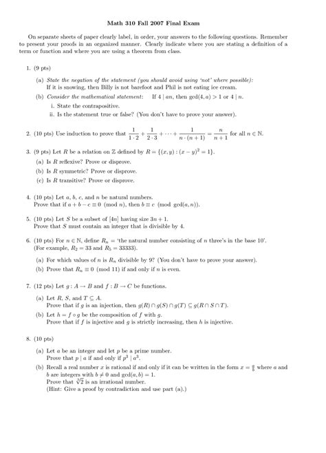 Final Exam Paper Mathematical Reasoning Math 310 Docsity