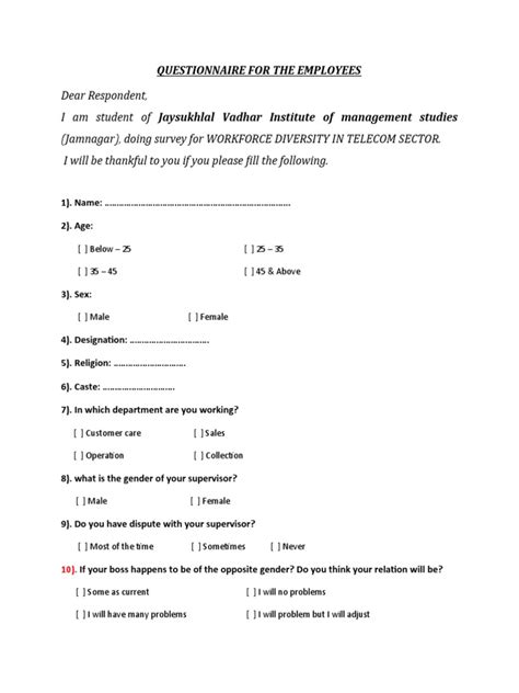 Final Questionnaire for Workforce Diversity