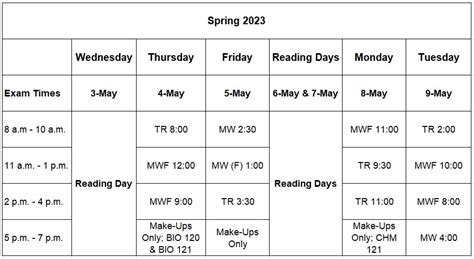 This is the standardized exam schedule for final exam week. Students w