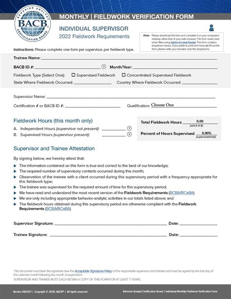 If a supervisee has multiple supervisors during their fieldwork, each supervisor must complete this form. It is prohibited for a supervisor to sign off on the final verification form for all hours if they did not directly supervise the candidate for the full duration of the fieldwork.. 
