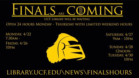 Extended Hours During Finals week and Semester Break. Posted Friday, April 19, 2019 @ 11:48 AM. Chick here to view the updated schedule for the John C. Hitt Library. Back. Upcoming Events. ... UCF News; 4000 Central Florida Blvd. Orlando, Florida 32816 | 407.823.2000 | Accessibility Statement