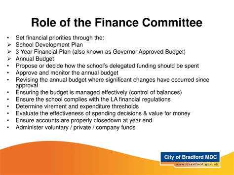 Members have a fiduciary duty to ensure the financial matters of the organization are in line with the mission of that organization. Below are six of the main responsibilities of Finance Committee members: 1. Maintaining accurate and complete financial records. The Finance Committee's most important role is to ensure the records of the .... 
