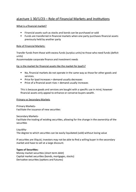 Financial Institutions And Markets Lecture Notes Silooo