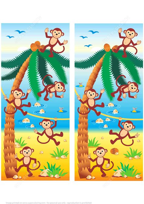 Find 10 Differences Playful Monkeys Beach Coconut Palm Free Printable Puzzle Games