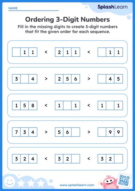 Find Missing Digits to Complete Ordering in 3Digit Numbers — Printable