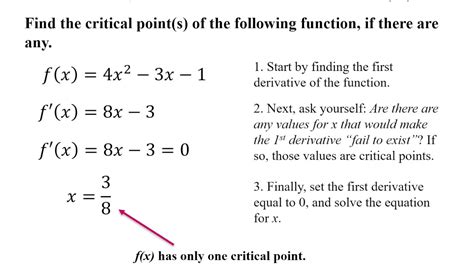 Find critical points calculator. To find the extreme points of a function, differentiate the function to find the slope of the tangent lines at each point, set the derivative equal to zero, and solve for x to find the x-coordinates of the extreme points. Then, substitute the x-values back into the original function to find the y-coordinates of the extreme points. 