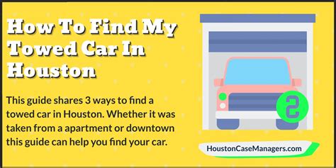 Find my towed vehicle harris county. Go to FindMyTowedCar.com. You need to enter your license plate, your vehicle identification number (VIN) and other information about your car. It generally takes at least 2 hours from the time the car is towed before it is listed on this website. 