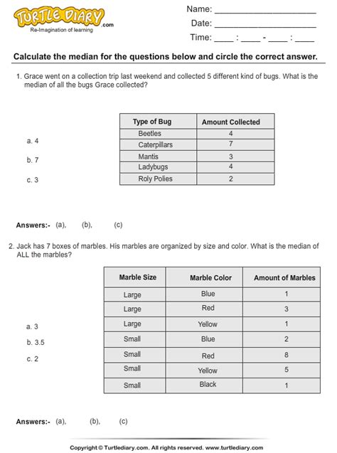 Find the Median using Charts Worksheet Turtle Diary
