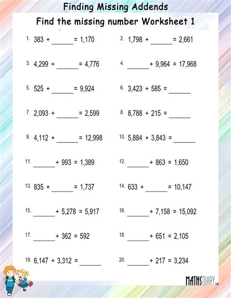 Find the missing number in addition worksheets Math Worksheets