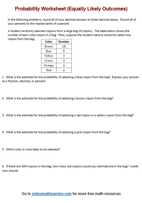 Finding probability of events worksheet.  The page number is three or seven.  Probability, a...