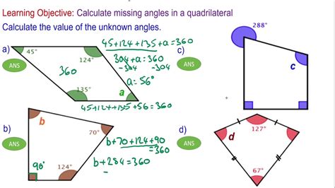 Finding unknown angles in quadrilaterals