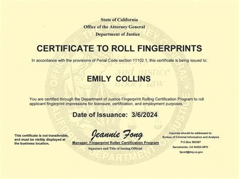 Fingerprint Rolling Certification California