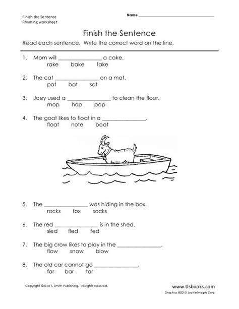 Finish the Sentence Rhyming Worksheet for 2nd Grade Lesson