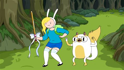 Fiona and cake. Sci-fi. Adventure Time. "Fionna and Cake and Fionna" is the twelfth episode in the ninth season of Adventure Time. It's the two hundred and sixty-fourth episode overall. An unexpected critic shows up at Ice King's latest Fionna and Cake book reading. Finn, Jake and BMO are having fun river rafting (with Jake as the... 