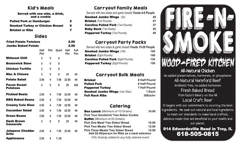 Fire n smoke troy il menu. The menu for Fire-N-Smoke Wood Fired Kitchen may have changed since the last user update. Sirved does not guarantee prices or the availability of menu items. Customers are free to download these images, but not use these digital files (watermarked by the Sirved logo) for any commercial purpose, without prior written permission of Sirved. 