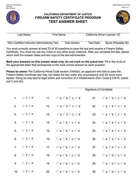 California Firearms Safety Certificates Quizz. DOJ FSC Quiz 1. Question 1 / 10. Is it legal to store a loaded firearm in the premises where children have access to? True. False. California Firearms Safety Certificates Quizzes. Free online practice tests for California FSC. No registration needed.