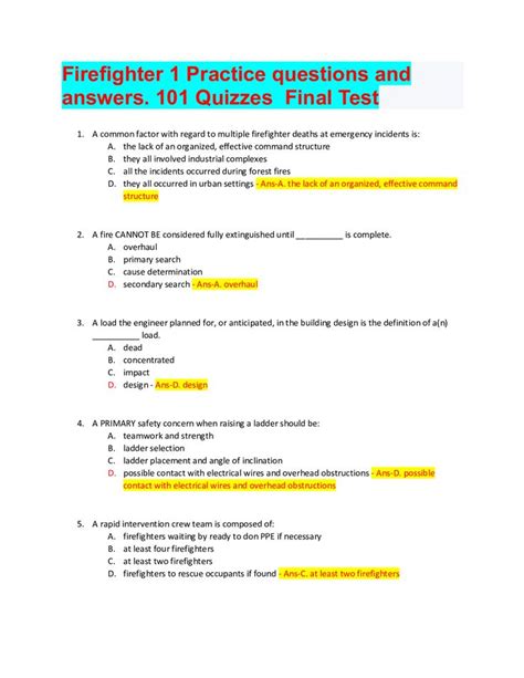 Firefighter 1 Practice questions and answers. 101 Quizzes Final Test