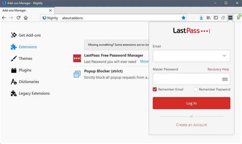 LastPass for Firefox (i386 and x64) LastPass browser extension for Mozilla Firefox. This will also work on other Mozilla based browsers such as SeaMonkey, Mozilla, etc. If you experience issues, try starting Firefox in safe mode..