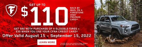 Firestone rewards. 2020 Firestone Summer. Description: Receive a $60 reward with a qualifying Firestone tire purchase and increase your reward to $90 by using your new or existing CFNA credit card. See terms and conditions for details. Terms & Conditions: Limit 1 reward per each set of 4 tires purchased, limit 2 rewards per household, customer or address. 