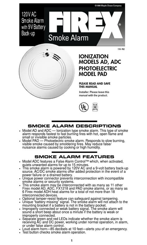 Firex smoke alarm 120 538b user manual. - Firex smoke alarm 120 538b user manual.