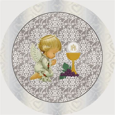 First Communion Free Printable Candy Bar Labels in Silver with Precious Moments Angels. First