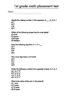 First Grade Math Placement Test