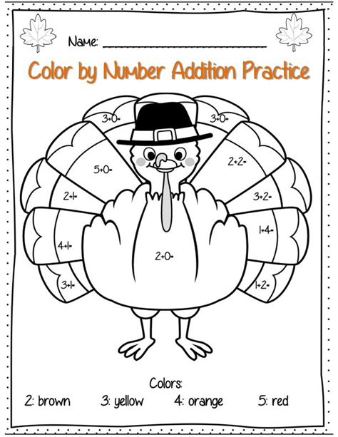 First Grade Thanksgiving Math Addition Color By Number Pages Coloring Home