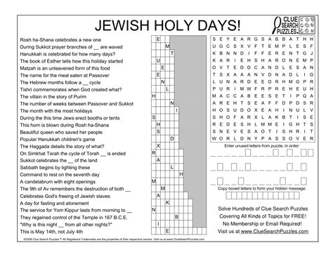 First of jewish high holy days crossword clue. The Crossword Solver found 30 answers to "start of a jewish holiday", 4 letters crossword clue. The Crossword Solver finds answers to classic crosswords and cryptic crossword puzzles. Enter the length or pattern for better results. Click the answer to find similar crossword clues . Enter a Crossword Clue. 