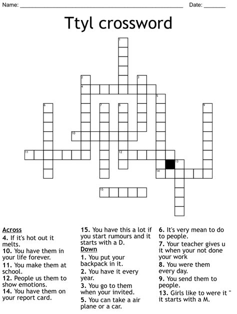 First t in ttyl crossword clue. The Crossword Solver found 30 answers to "part of ttyl", 3 letters crossword clue. The Crossword Solver finds answers to classic crosswords and cryptic crossword puzzles. Enter the length or pattern for better results. Click the answer to find similar crossword clues . Enter a Crossword Clue. 