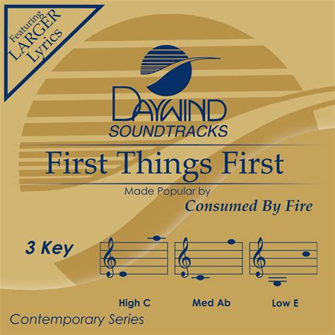 First things first accompaniment track. Title: Great Things Accompaniment CD By: Phil Wickham Format: Compact disc Vendor: Daywind Music Group: Publication Date: 2021 Weight: 3 ounces UPC: 614187163221 Stock No: WWCD13570: ... Accompaniment Track. View reviews of this product. 1 Reviews. eBOOK This product is an eBook. More Info Add To Wishlist. Talking with God: ... 