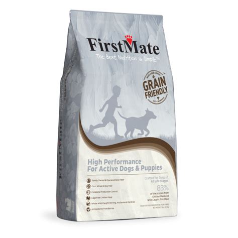 Firstmate dog food. Gluten, Potato & Pea Free. Average of 495K/Cals Per Cup (so you are using less) Grain Friendly Cat Formulas: A Combination of Chicken & Fish for Enhanced Palatability and Omega 3 & 6 Fatty Acids. Limited Ingredient Formulas. Wholesome Grains: Brown Rice and Oats. Gluten, Potato & Pea Free. 