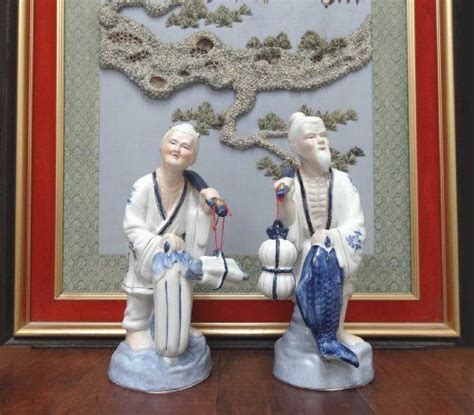 Fisherman Old Chinese Couple Statue Figurine 15" H, 13157S …